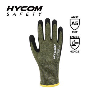 HYCOM Guante resistente a cortes de para-aramida ANSI 5 de 15G con guante de HPPE con revestimiento de nitrilo arenoso en la palma