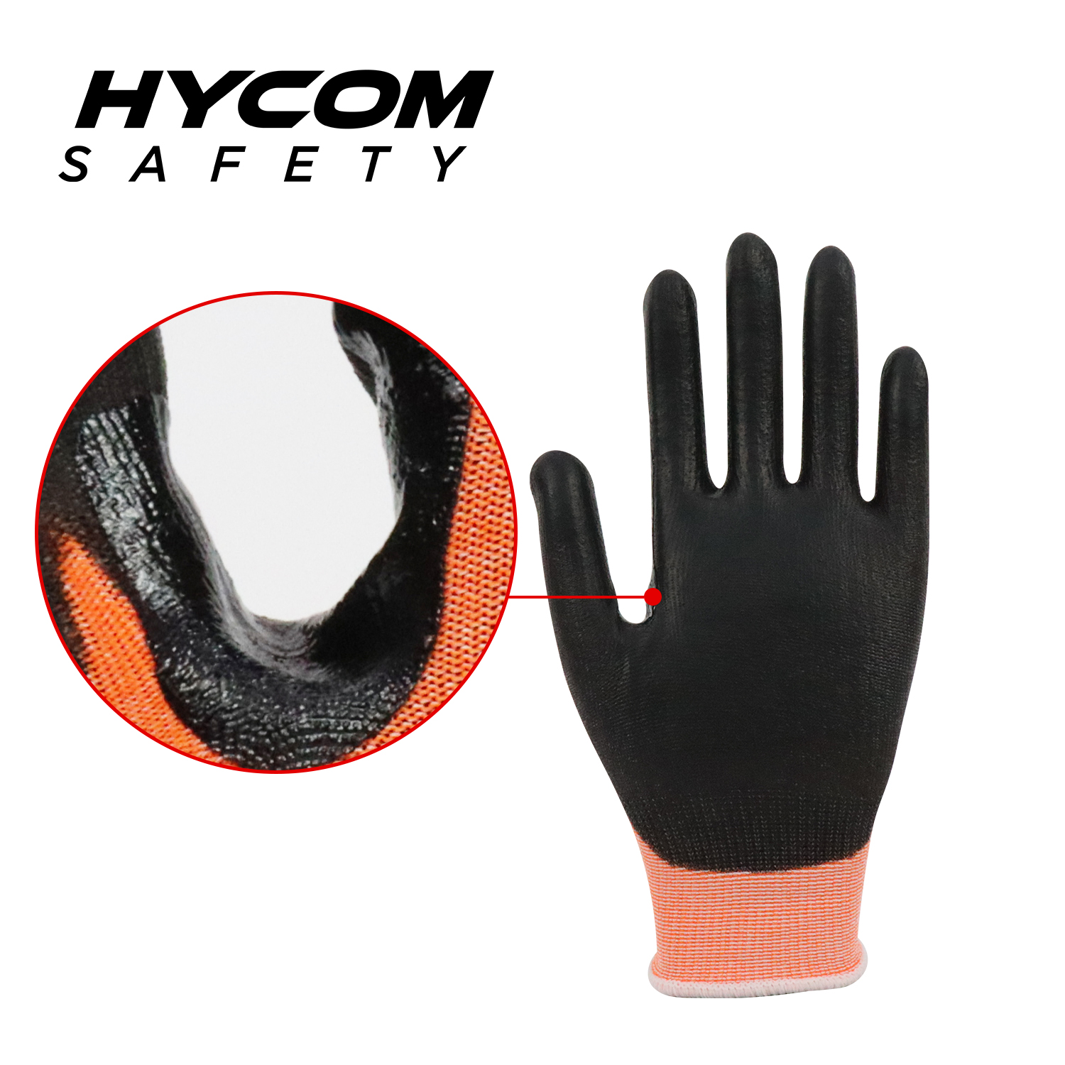 HYCOM 18G ANSI 2 EPI Guante Sin acero Sin vidrio Guante resistente a cortes con refuerzo de revestimiento de poliuretano en la palma en la entrepierna del pulgar